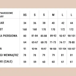 Tabela rozmiarów: rozmiar 38 odpowiada M, wzrost 170 cm, klatka 85-88 cm, talia 68-70 cm, biodra 95-97 cm.