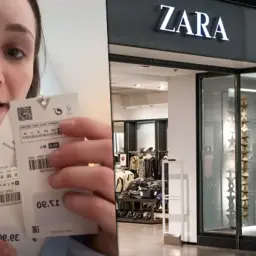 Kobieta pokazuje metki ubrań z Zary, gdzie widoczna jest rozmiarówka damska. Sklep Zara w tle.