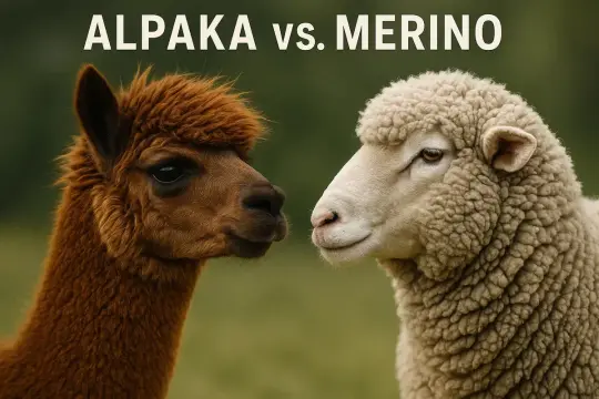 Brązowa alpaka i biała owca merino, obie z gęstą wełną, patrzą na siebie.